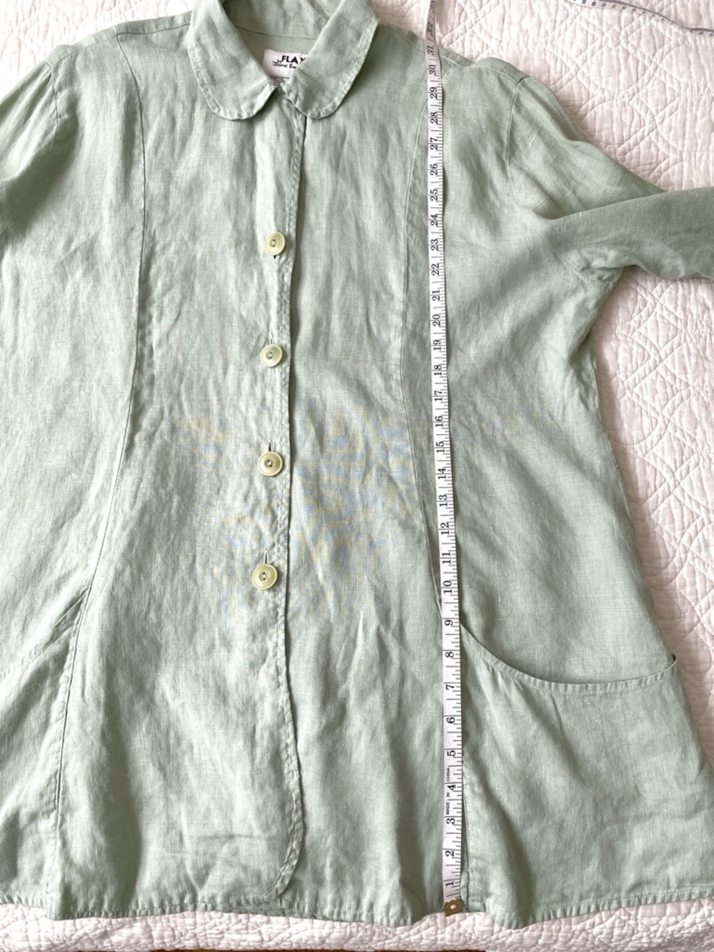 Flax 100% Sage Green Linen Button Front Tunic Shirt Top Long Sleeve Size L - Picture 8 of 16